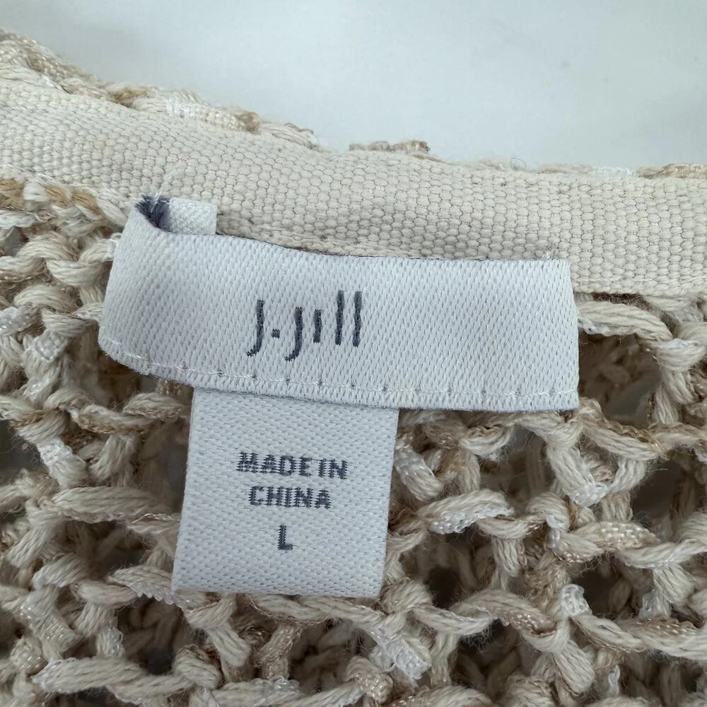 J Jill Open Crochet Knit Hooded Fringe Beige Cardigan Boho Hippie L - Picture 8 of 10
